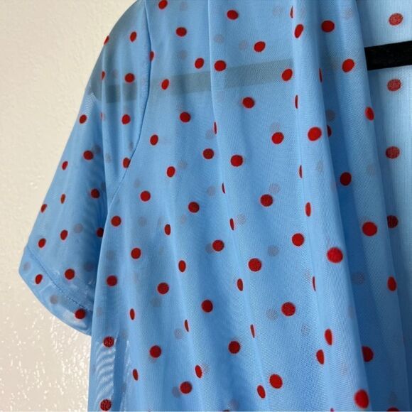 ZARA TRAFALUC baby blue red polka dot semi sheer mesh retro top S B18 - Picture 7 of 9